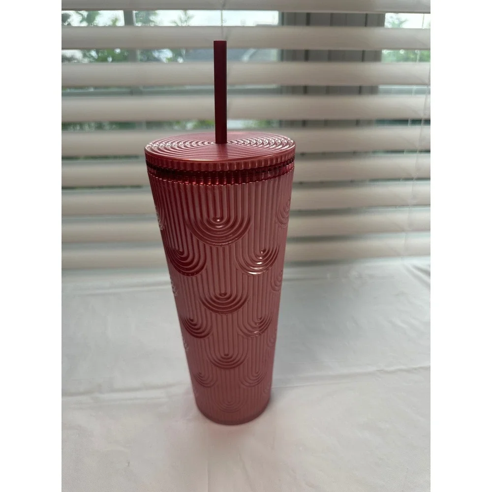 Starbucks 2022‎ Holiday Metallic Pink Scalloped Wave Venti Tumbler 24oz Cold Cup